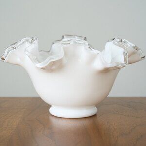 Vintage FENTON Silver Crest Footed Bowl Crimped Ruffle Edge Rim White Milk Glass